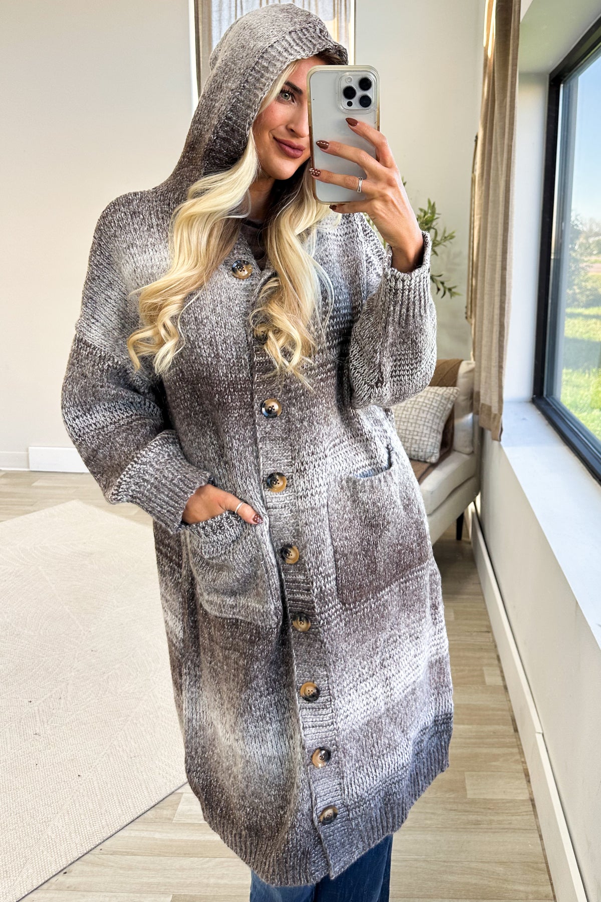 Brown And Off White Ombre Trench Sweater Jacket