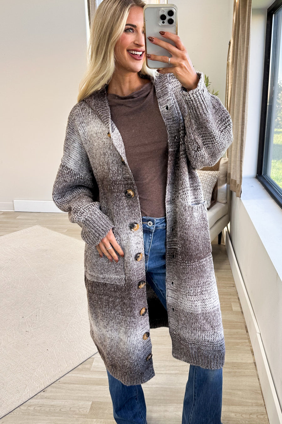 Brown And Off White Ombre Trench Sweater Jacket