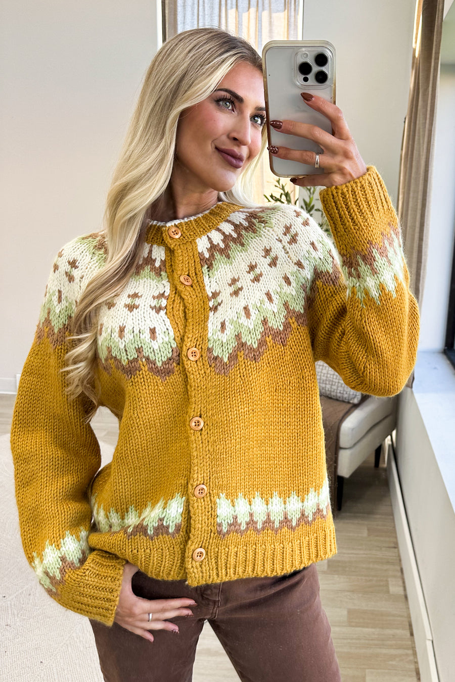 Mustard Patterned Knit Button Up Cardigan