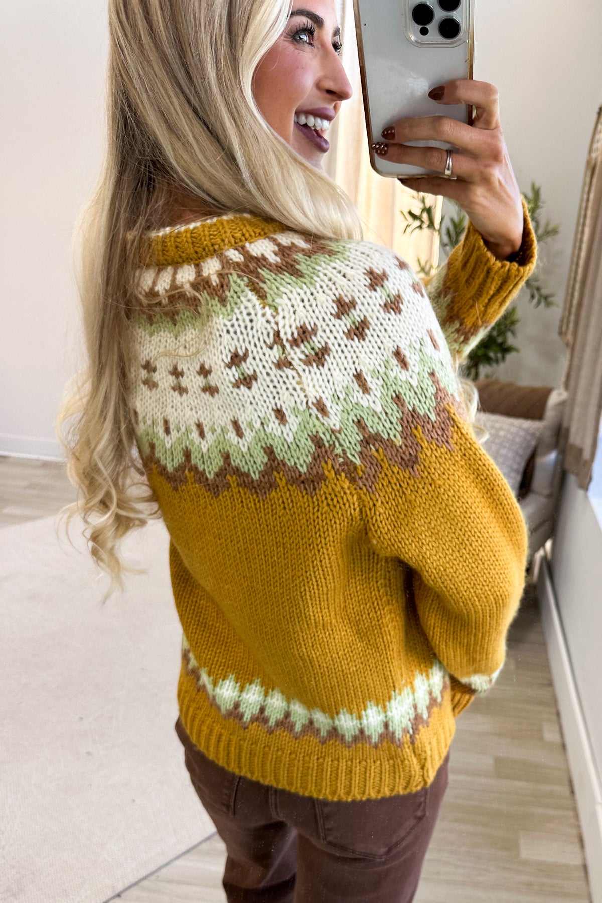 Mustard Patterned Knit Button Up Cardigan