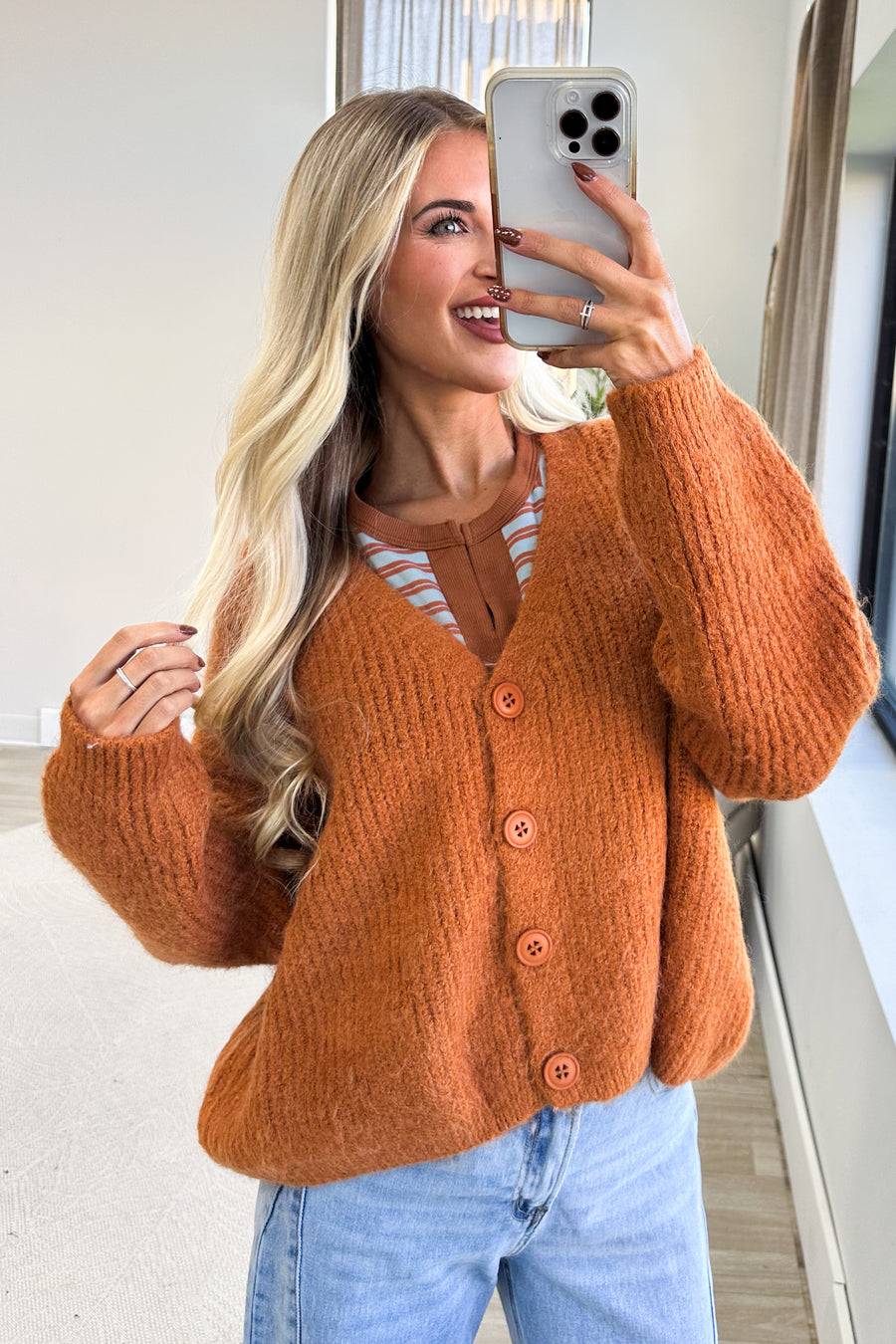 Cinnamon V-Neck Rib Knit Sweater Cardigan