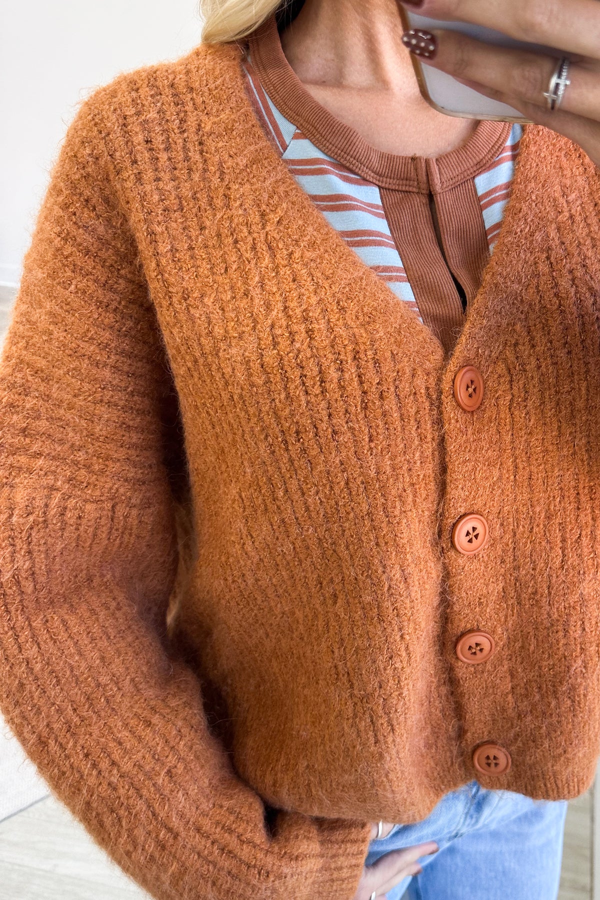 Cinnamon V-Neck Rib Knit Sweater Cardigan