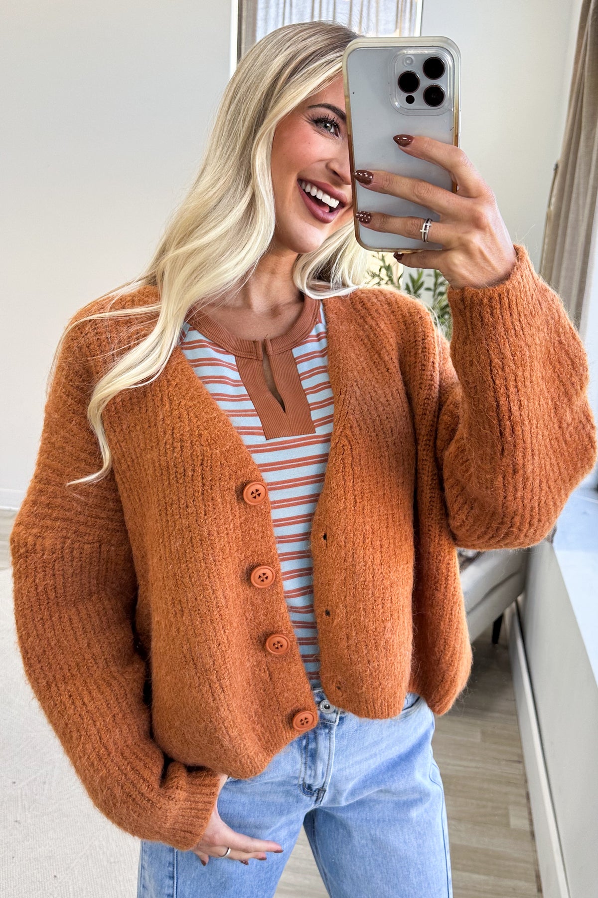 Cinnamon V-Neck Rib Knit Sweater Cardigan