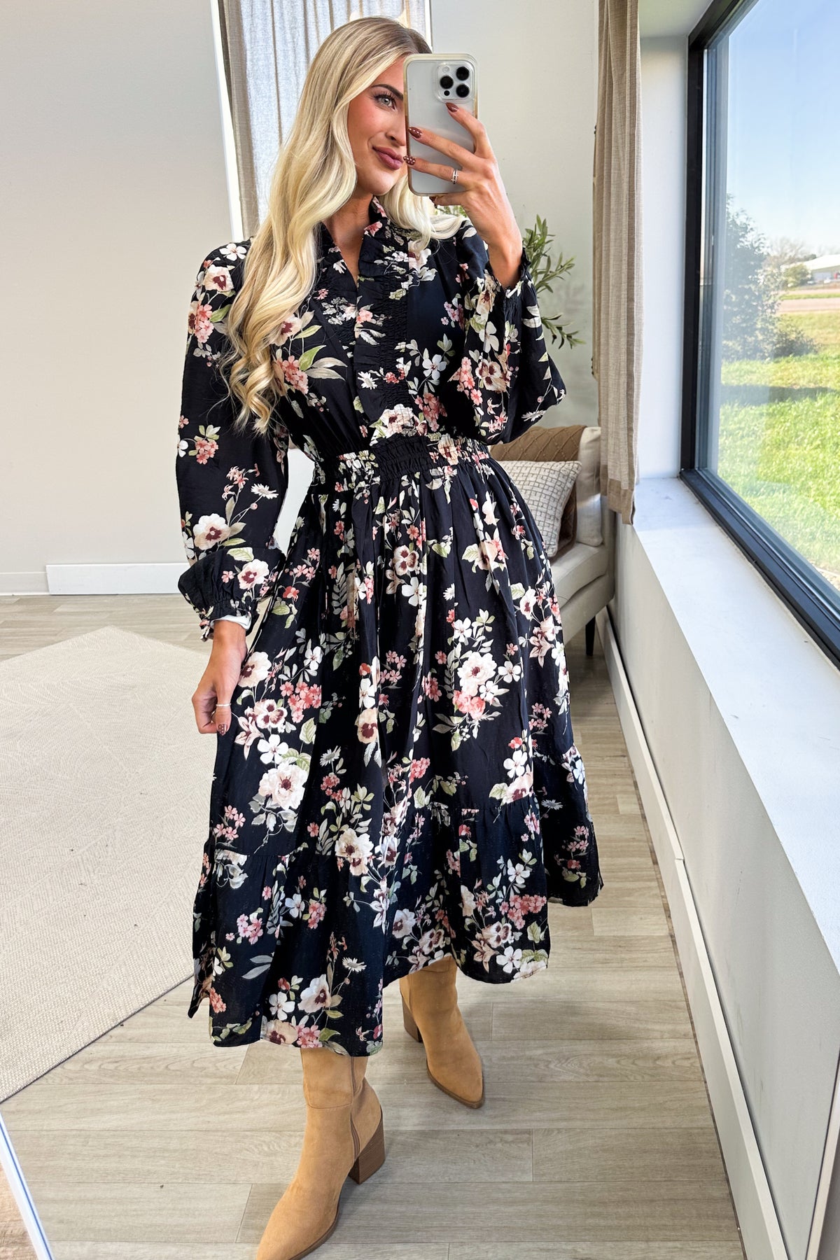 Black Long Sleeve Floral Print Smocked Midi Dress