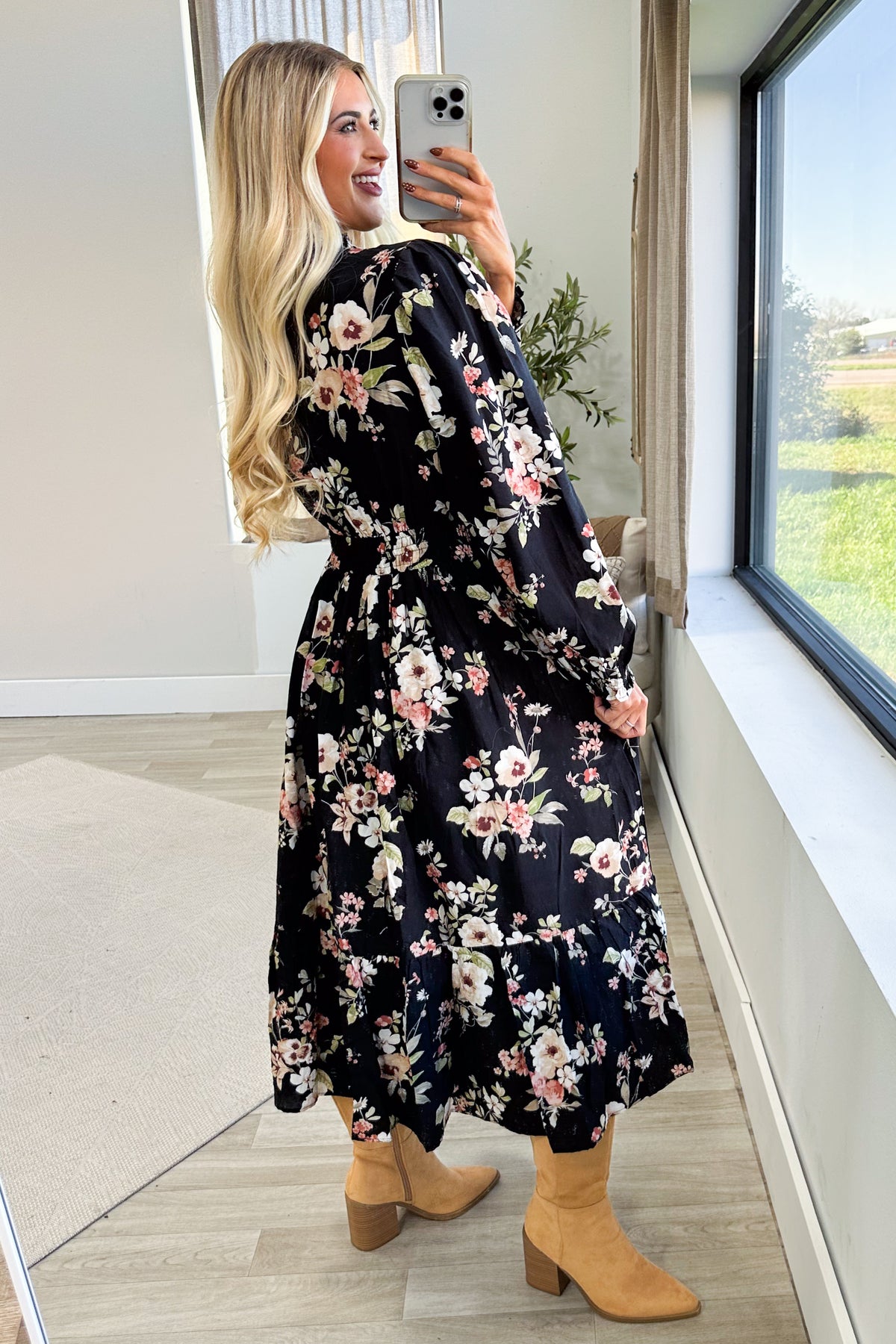 Black Long Sleeve Floral Print Smocked Midi Dress