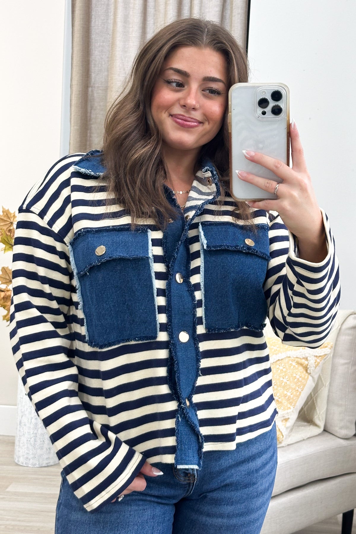 Denim Blue Contrast Stripe Shacket