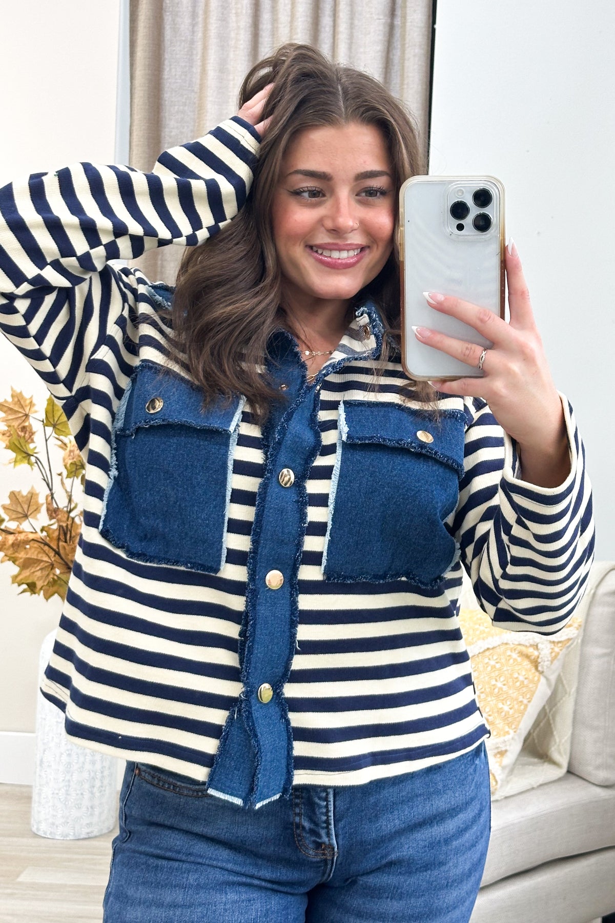 Denim Blue Contrast Stripe Shacket
