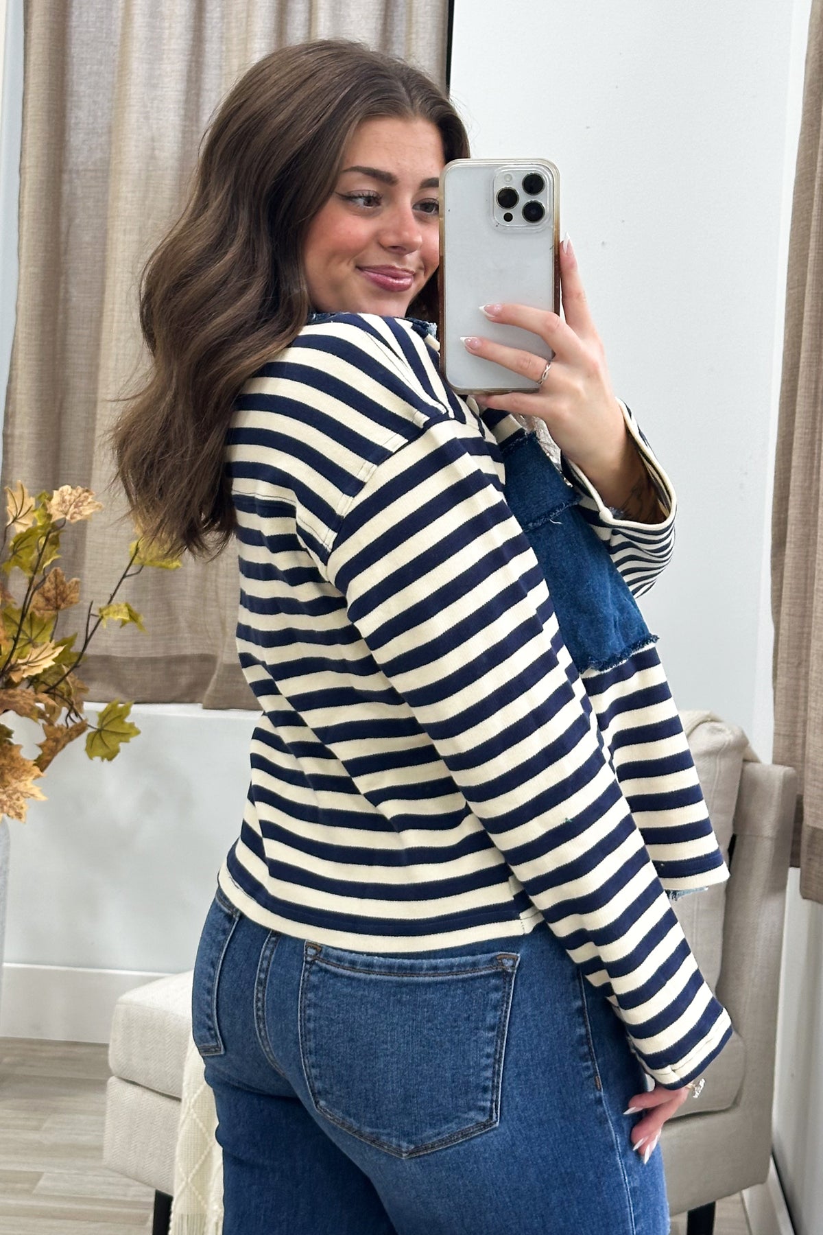 Denim Blue Contrast Stripe Shacket