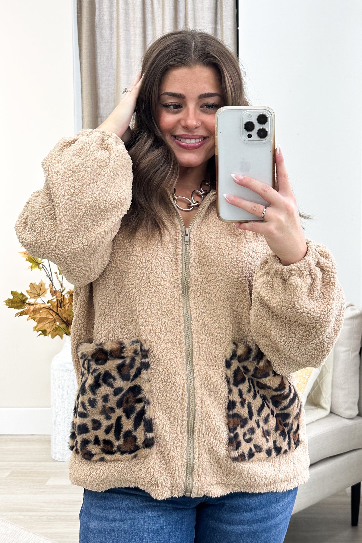 Tan Zip Up Animal Print Pocket Sherpa Jacket