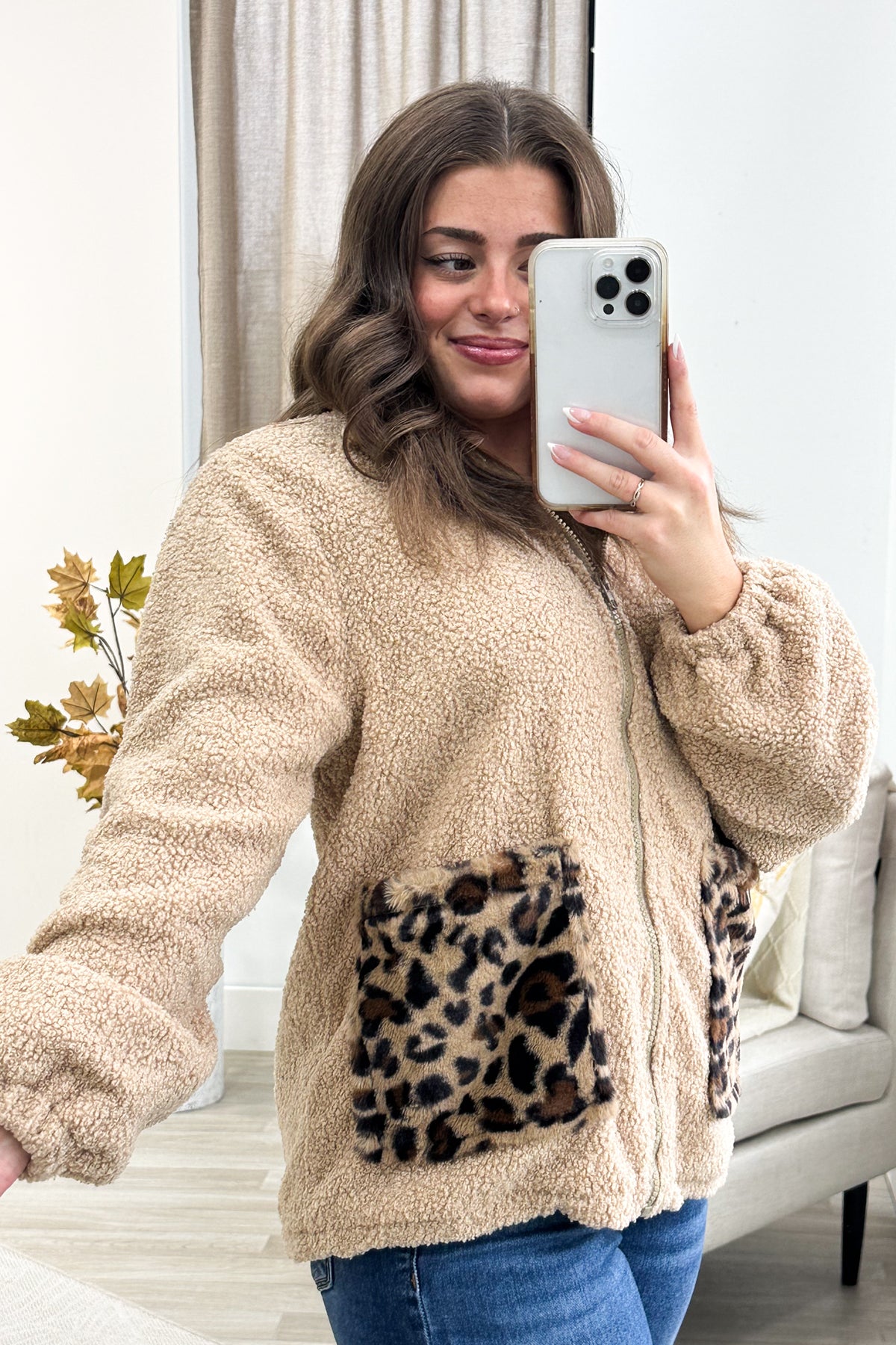 Tan Zip Up Animal Print Pocket Sherpa Jacket