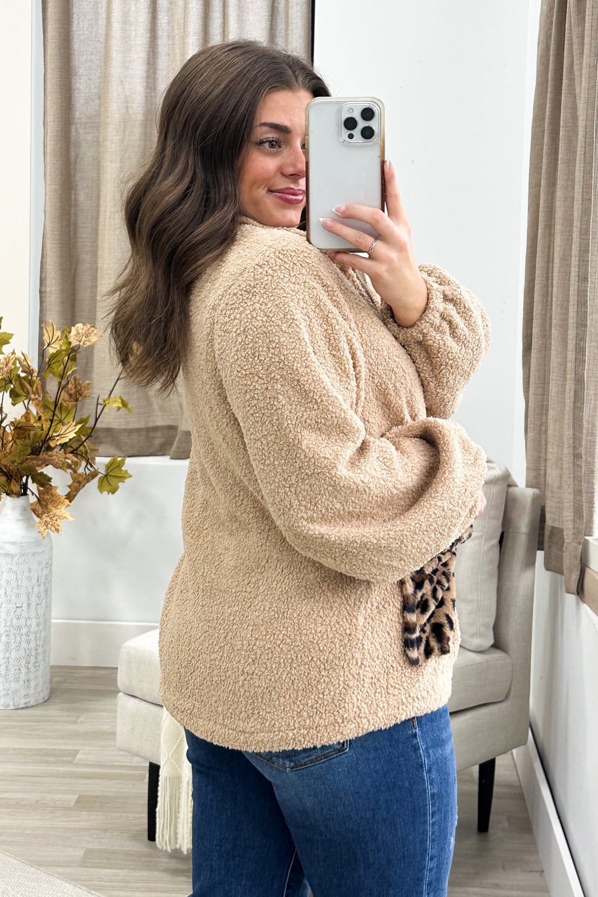 Tan Zip Up Animal Print Pocket Sherpa Jacket