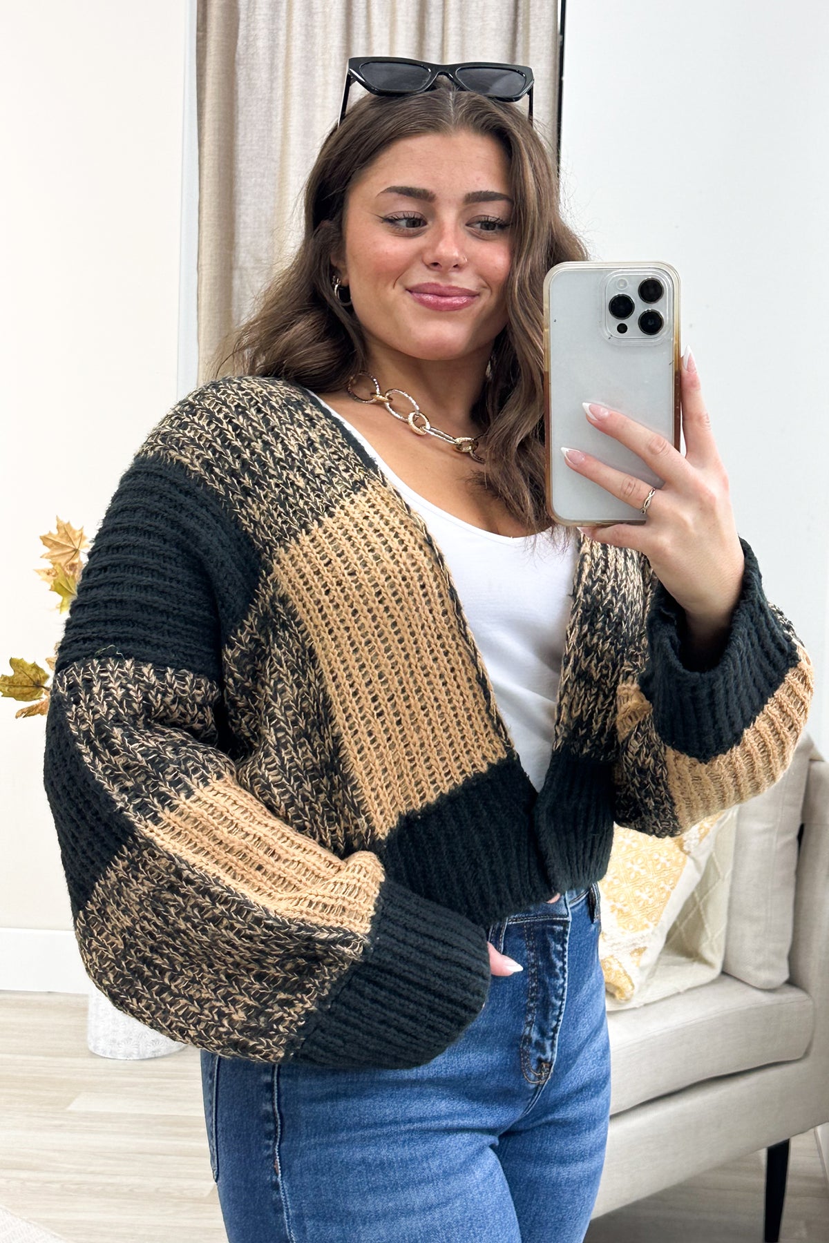 Black And Tan Checker Open Knit Cardigan