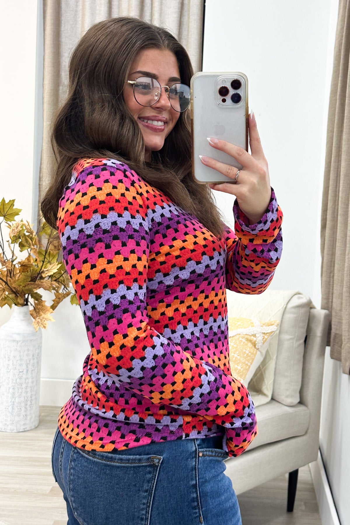Pink And Purple Multicolor Geometric Knit Top