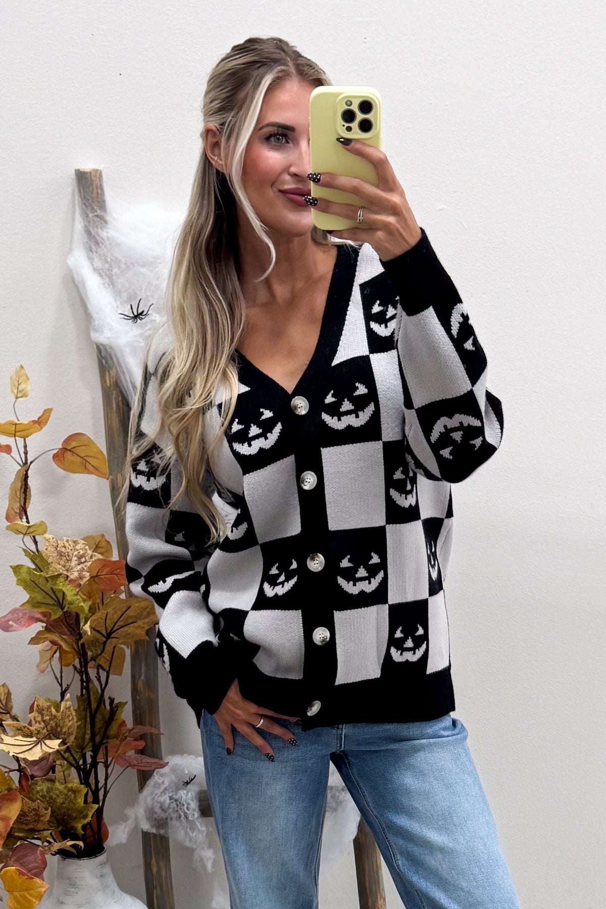 Black And Grey Halloween Checker Button Cardigan