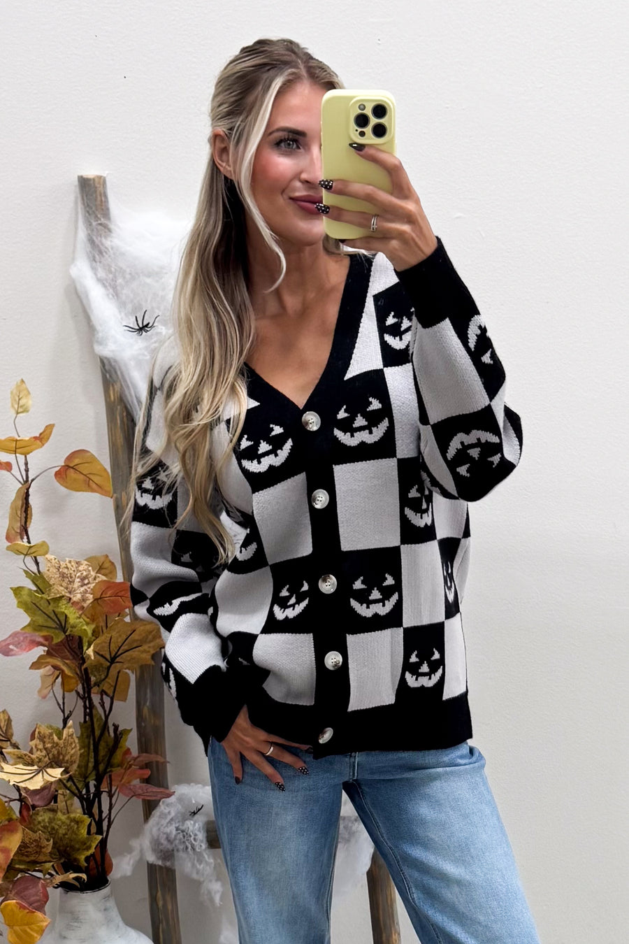 Black And Grey Halloween Checker Button Cardigan