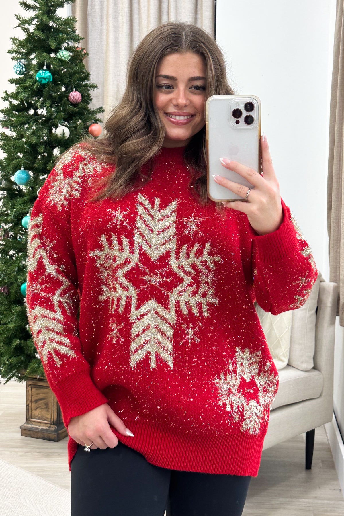 Red With Gold Snowflakes Holiday Sweater