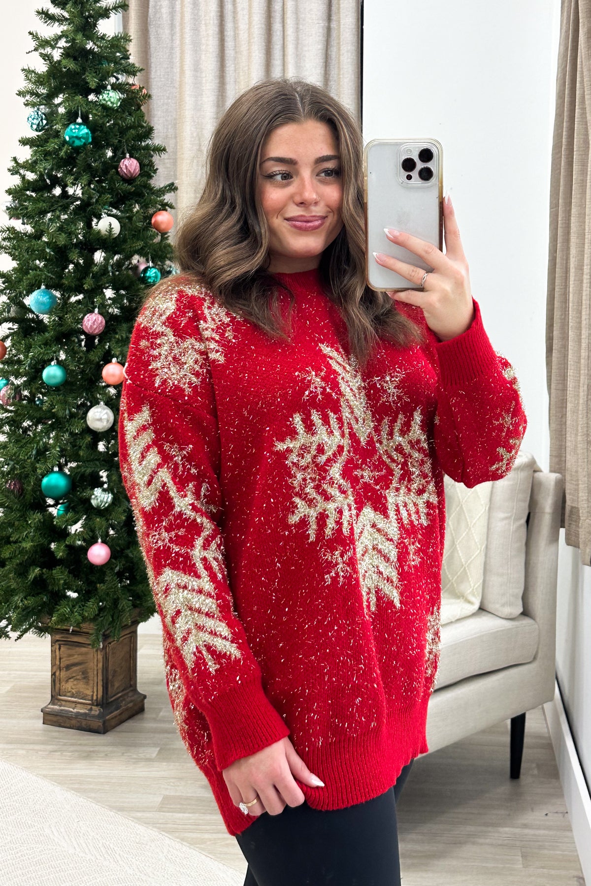 Red With Gold Snowflakes Holiday Sweater