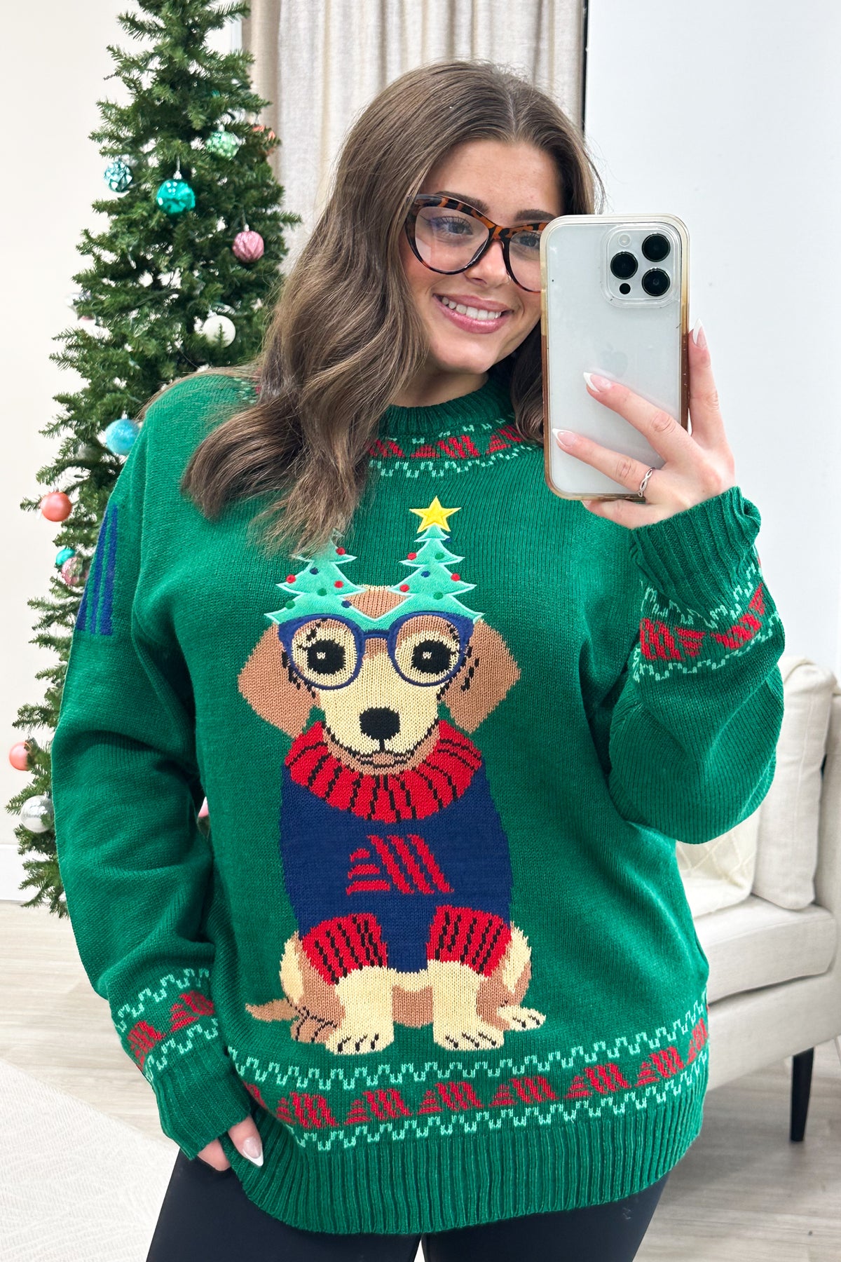 Green Christmas Dog Graphic Sweater