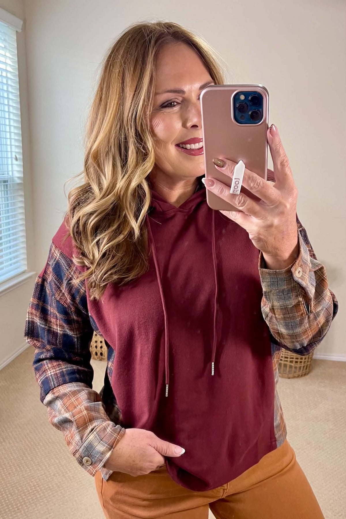 Staccato Wine Plaid Mix Long Sleeve Hoodie