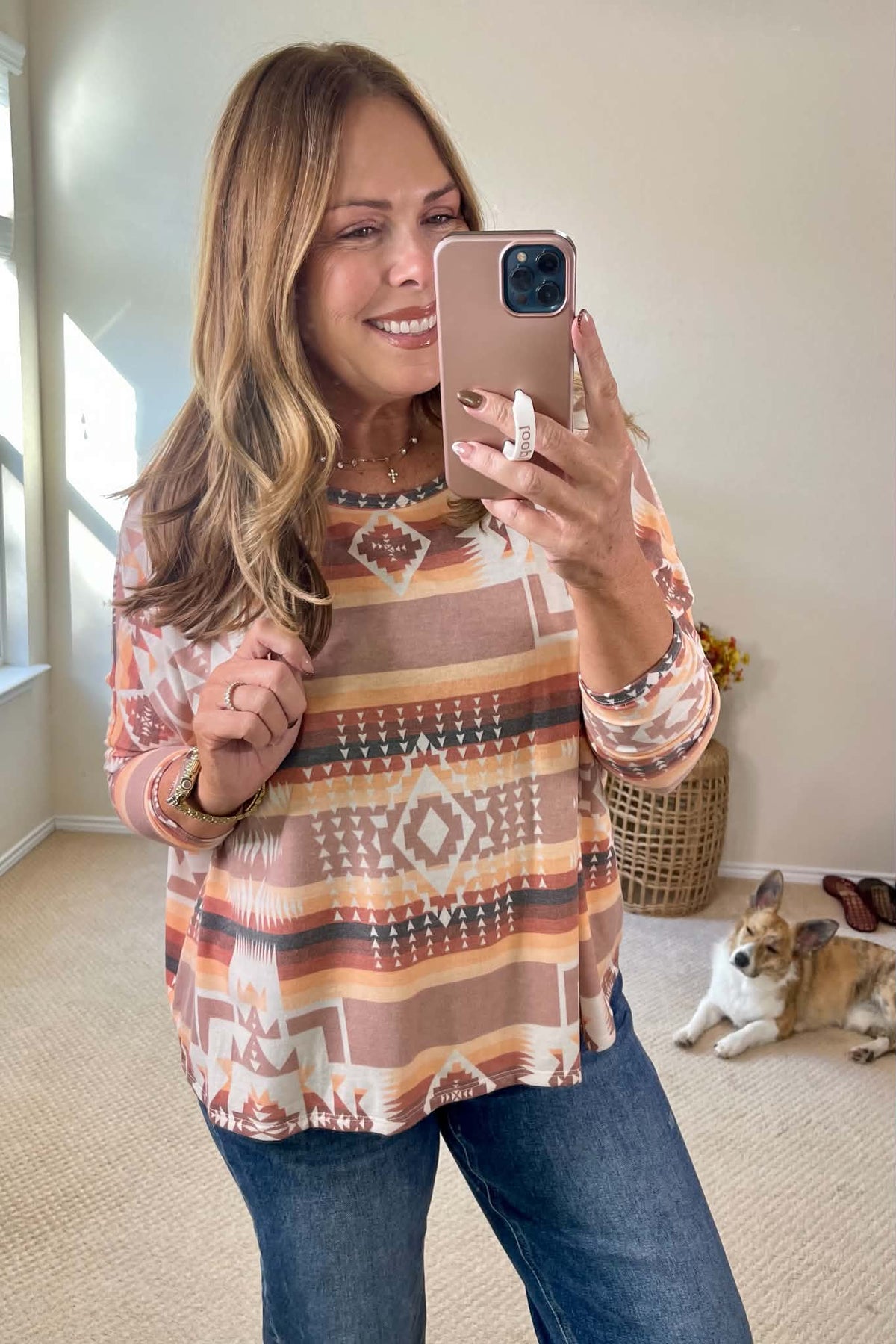 Rust Multicolor Aztec Dolman Long Sleeve Knit Top