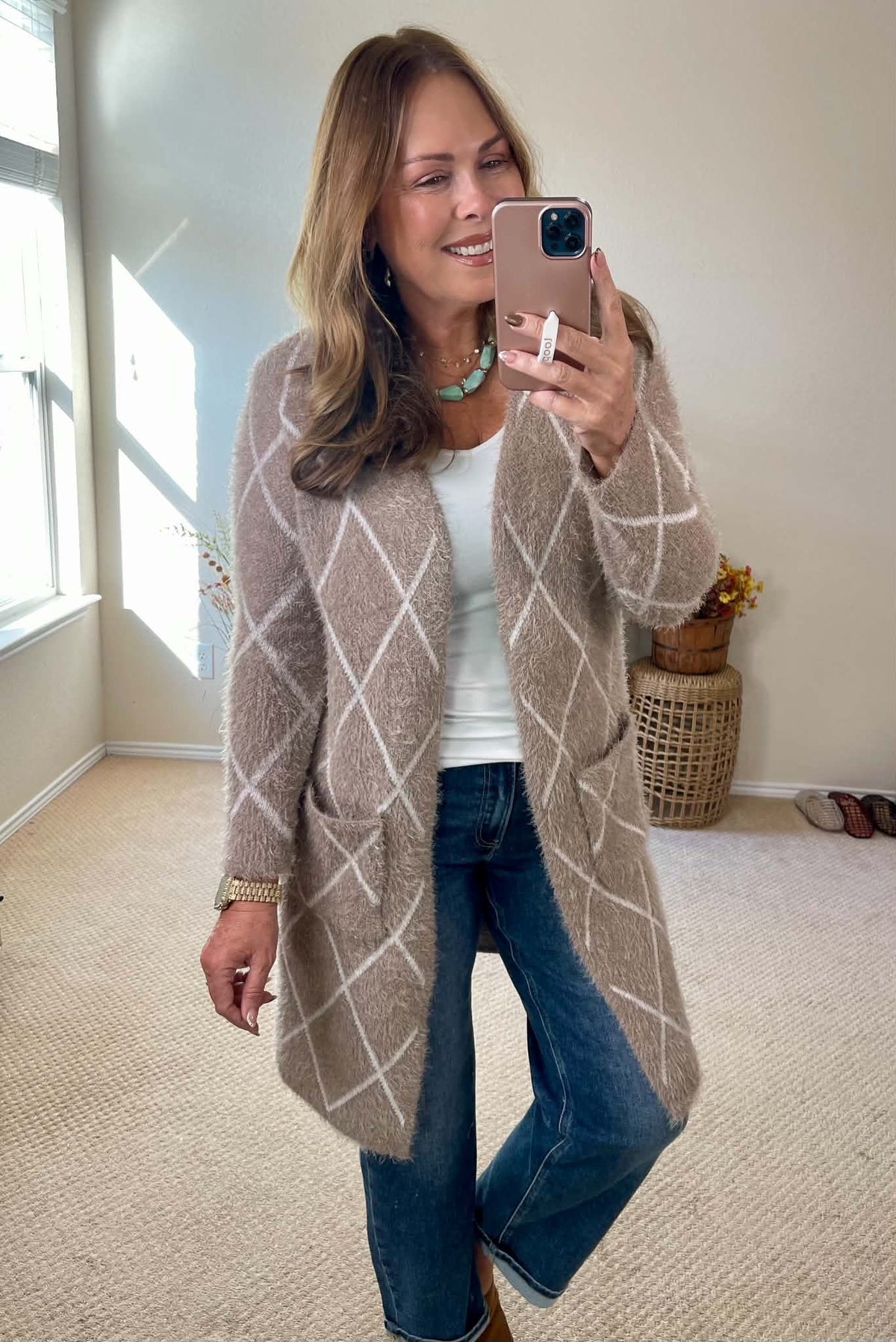 Beige Diamond Stripe Pocket Trench Cardigan