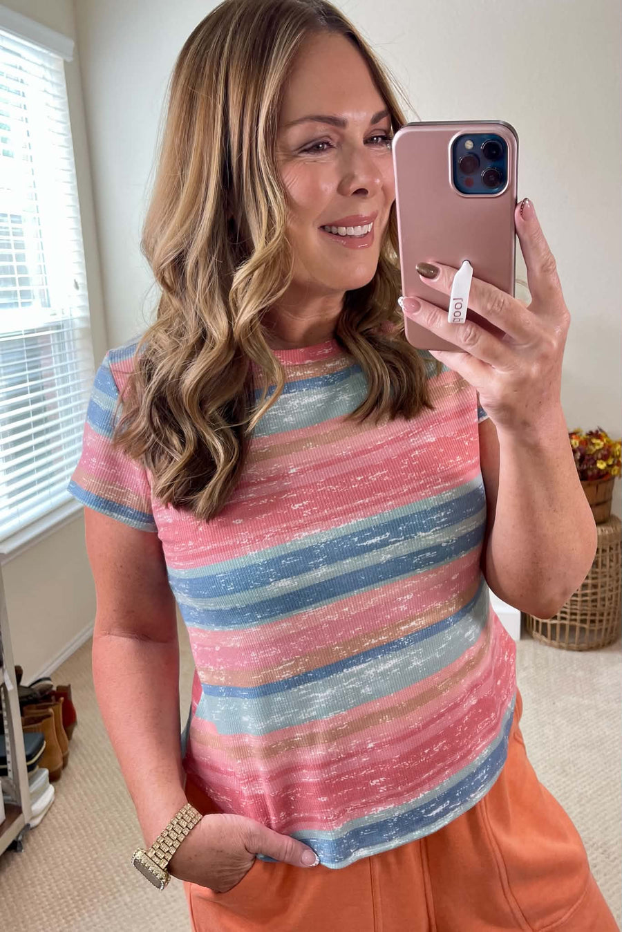 Peach And Dusty Blue Stripe Short Sleeve Knit Top