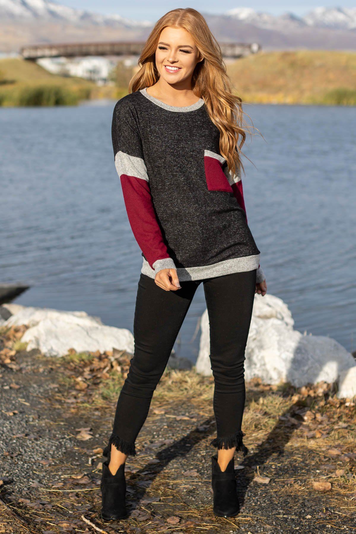 Charcoal and Burgundy Colorblock Top - Filly Flair