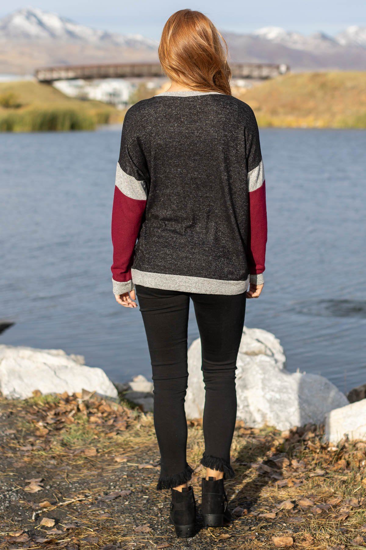 Charcoal and Burgundy Colorblock Top - Filly Flair