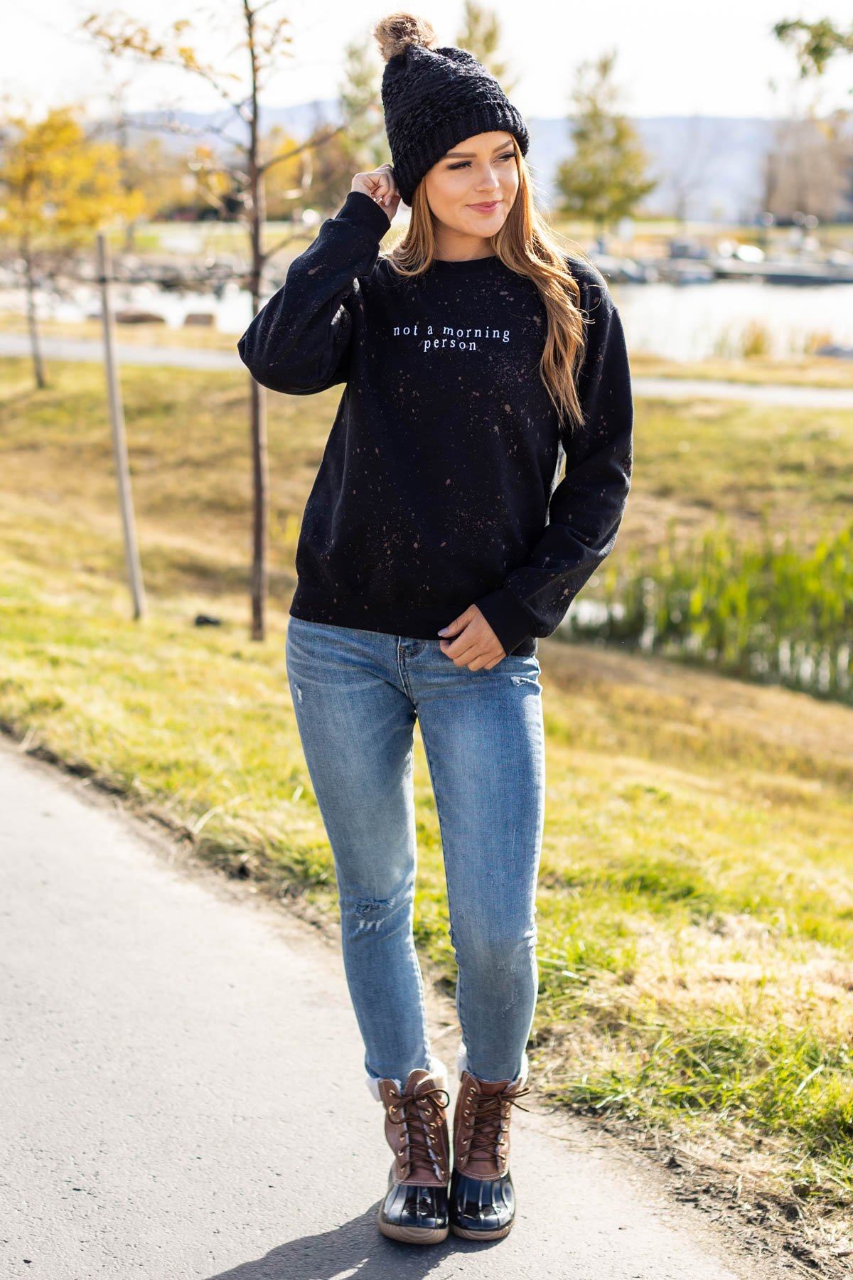 Black Bleached Not A Morning Person Sweatshirt - Filly Flair