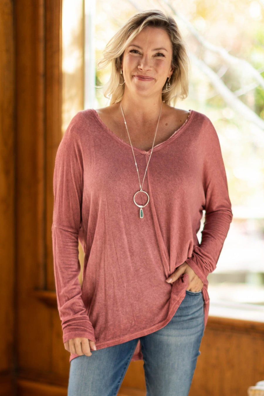 Wine Washed V-Neck Long Sleeve Top - Filly Flair