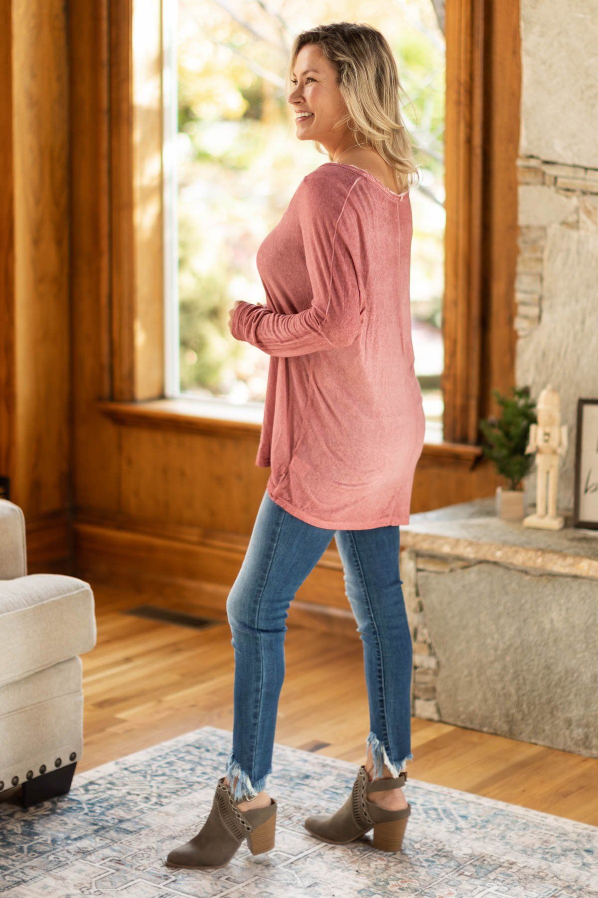 Wine Washed V-Neck Long Sleeve Top - Filly Flair