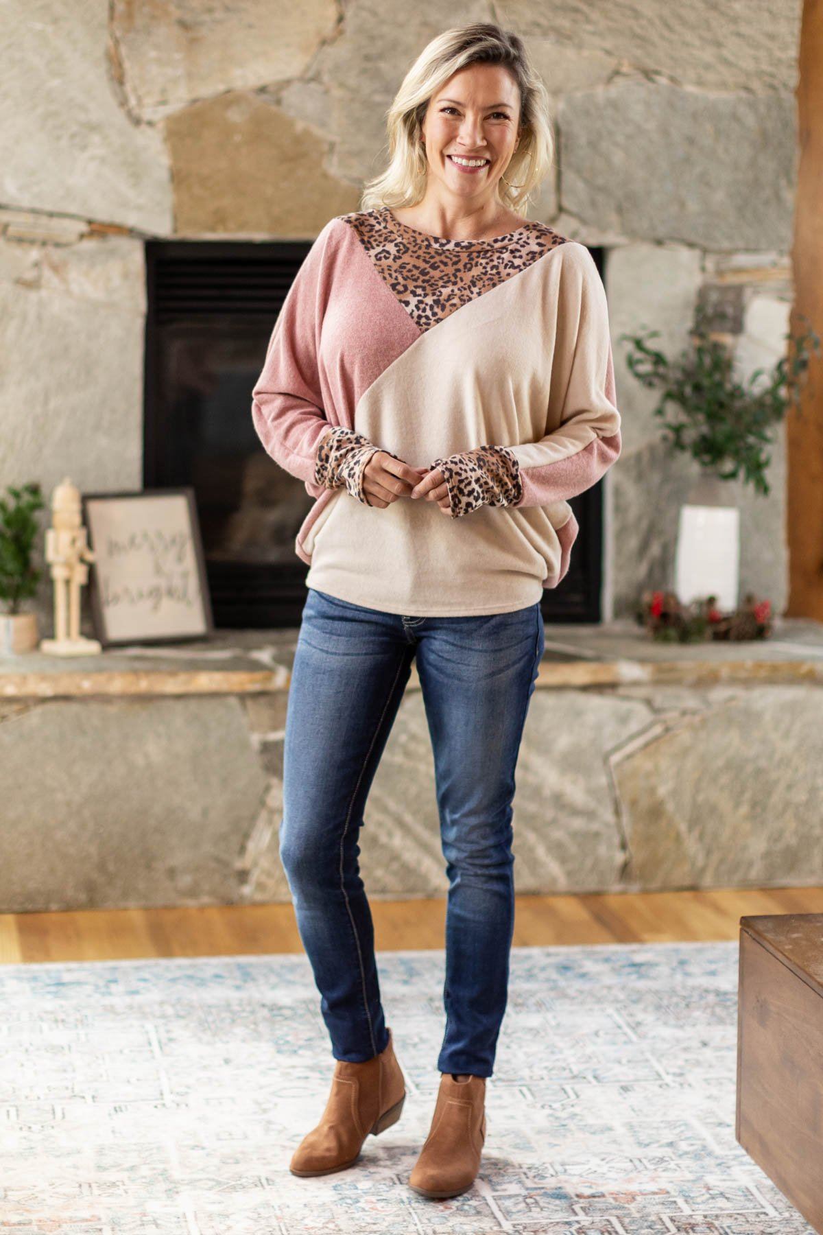 Tan and Mauve Colorblock Top with Animal Print - Filly Flair