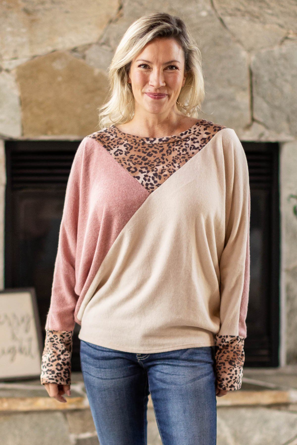 Tan and Mauve Colorblock Top with Animal Print - Filly Flair