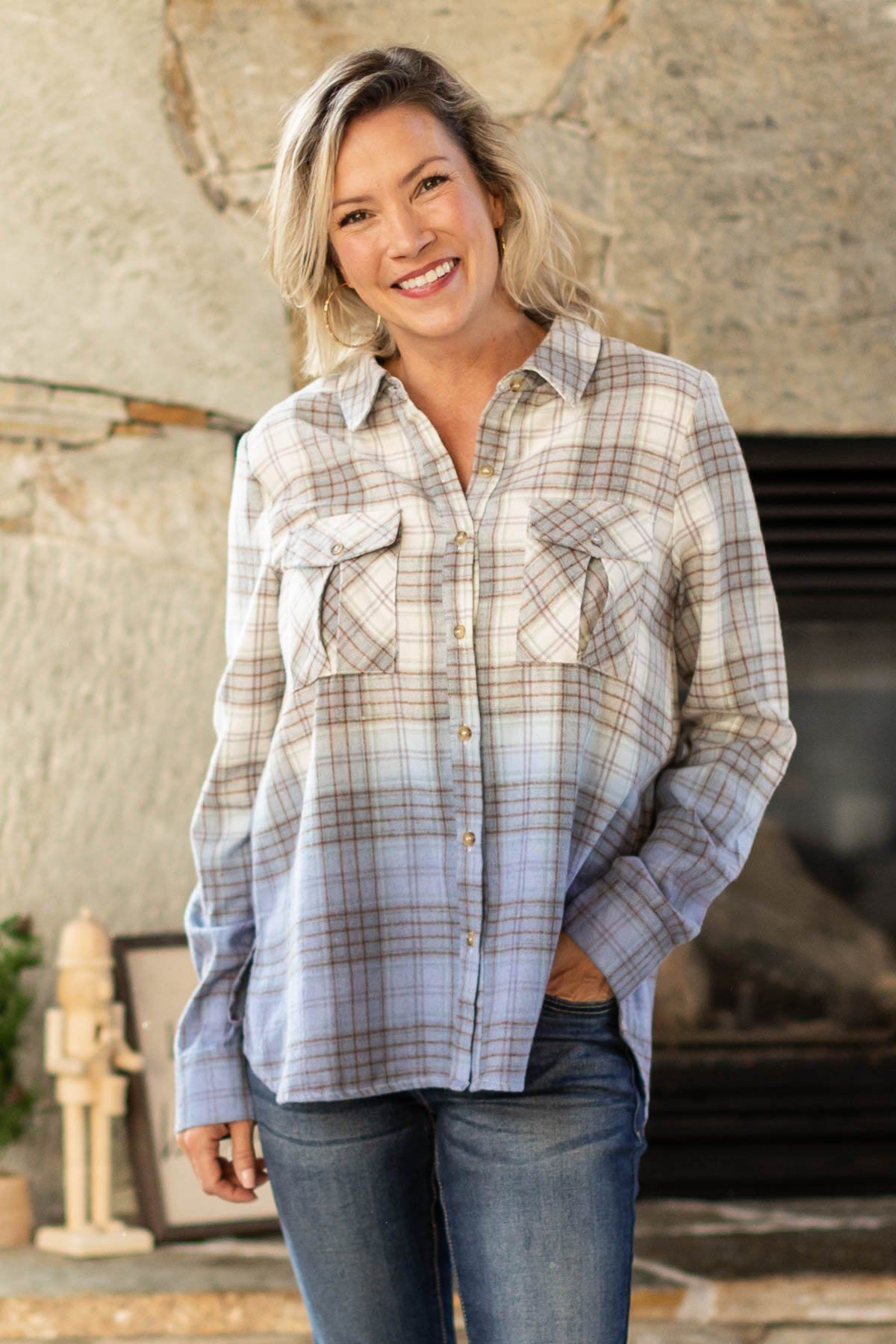 Blue and Grey Ombre Plaid Button Up Top - Filly Flair