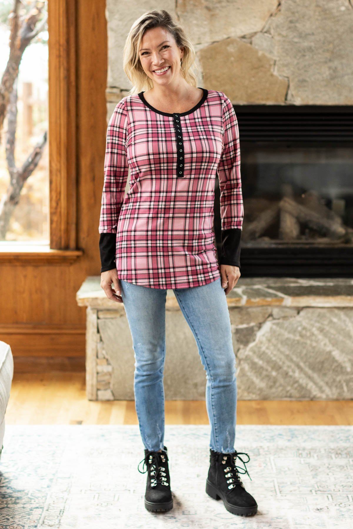 Pink Plaid Long Sleeve Thermal Top - Filly Flair