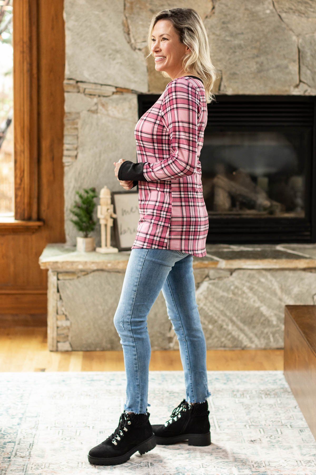 Pink Plaid Long Sleeve Thermal Top - Filly Flair