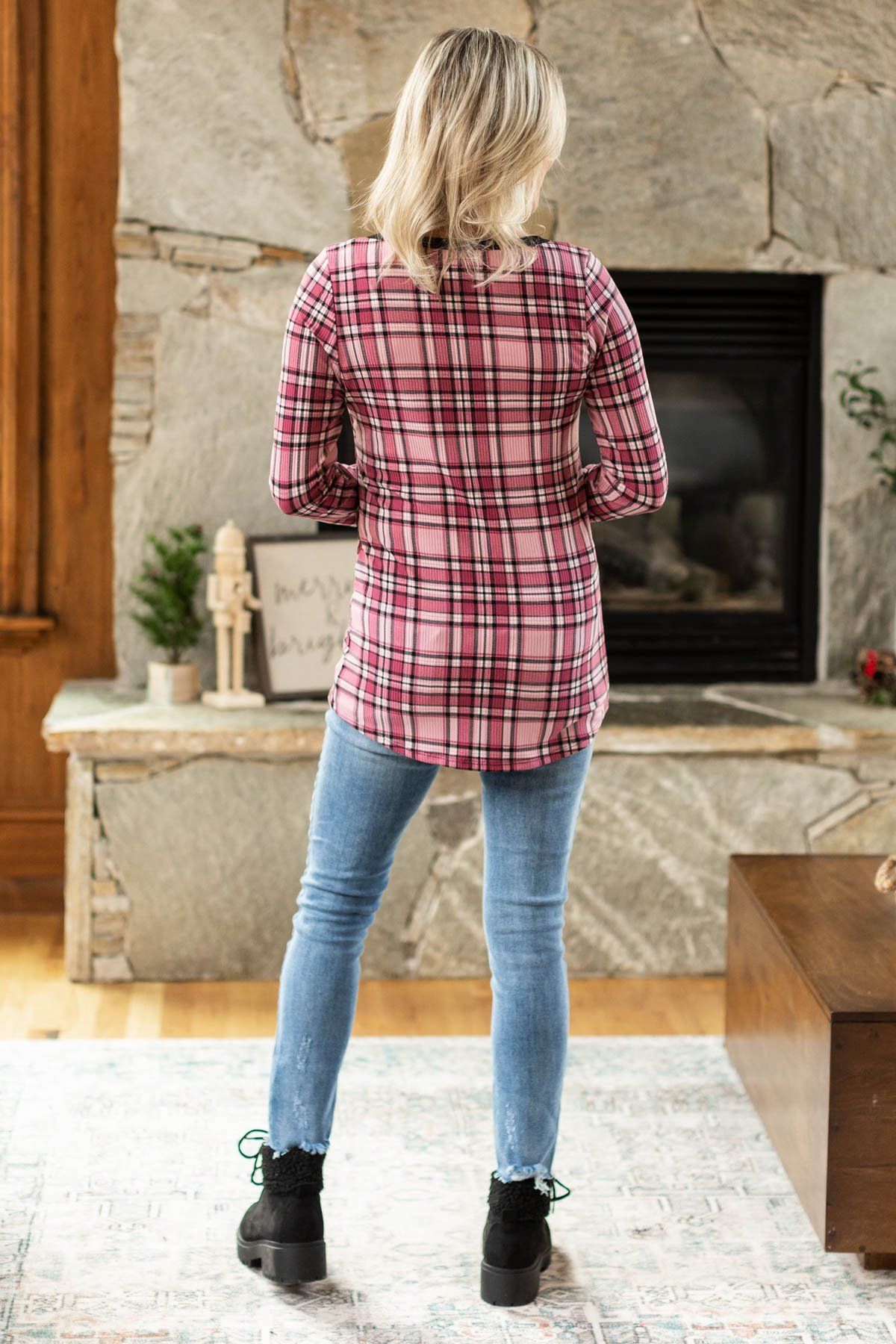 Pink Plaid Long Sleeve Thermal Top - Filly Flair