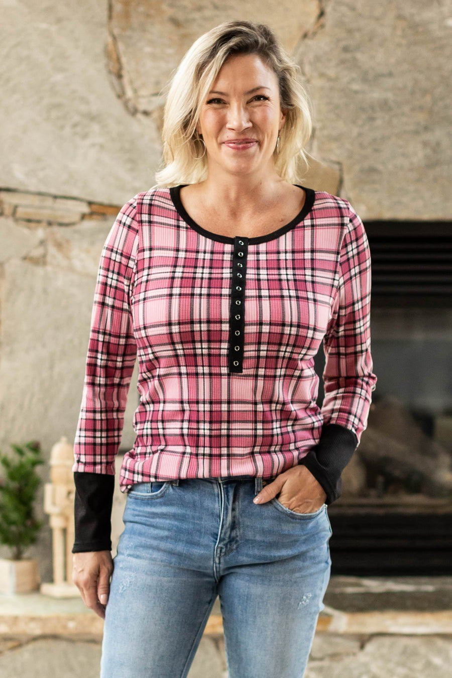 Pink Plaid Long Sleeve Thermal Top - Filly Flair