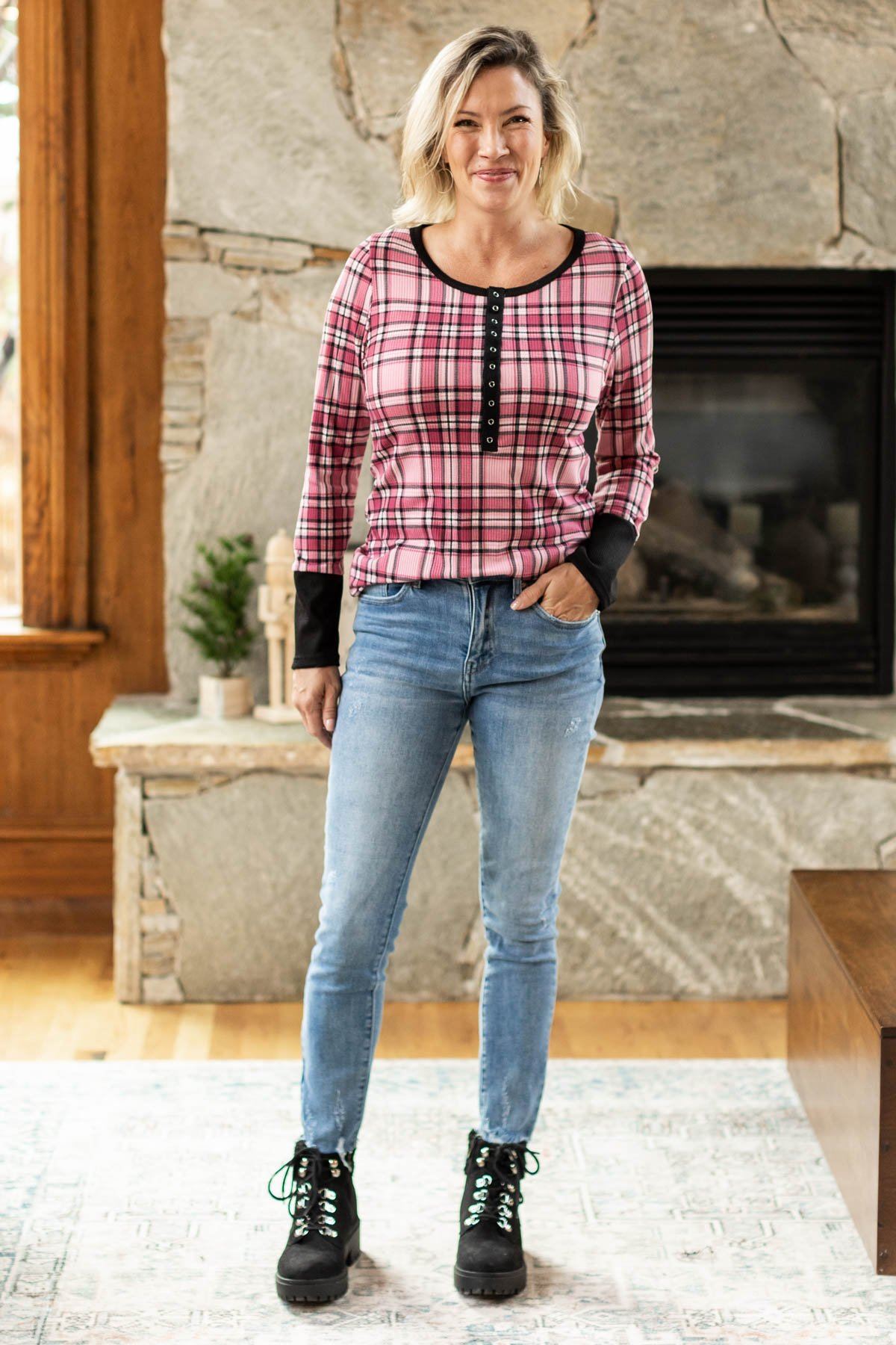 Pink Plaid Long Sleeve Thermal Top - Filly Flair