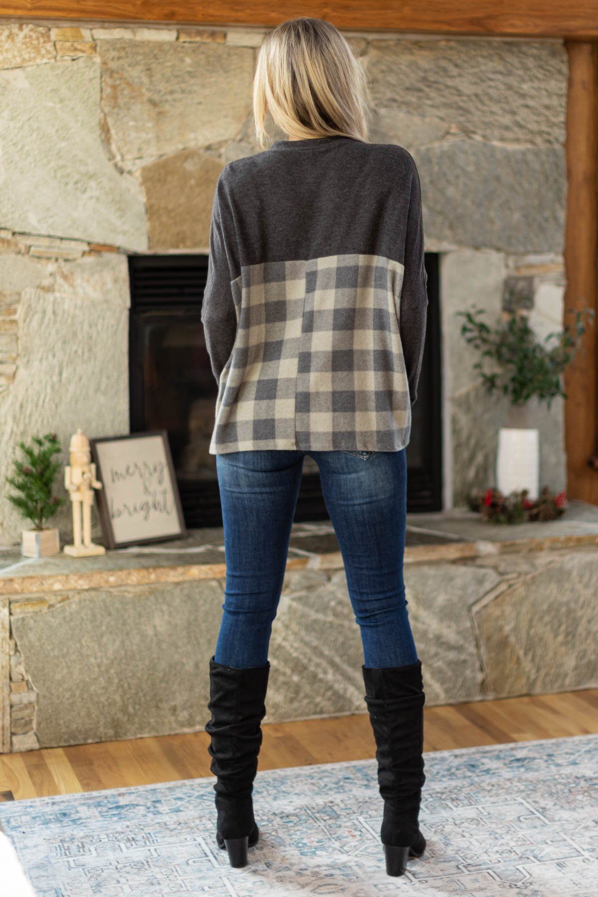 Charcoal Colorblock Buffalo Plaid Top - Filly Flair