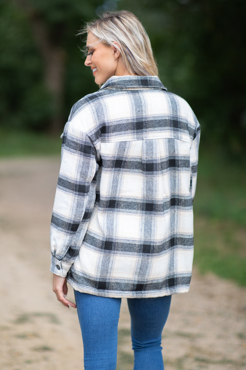 Black and Ivory Plaid Sherpa Lined Shacket - Filly Flair