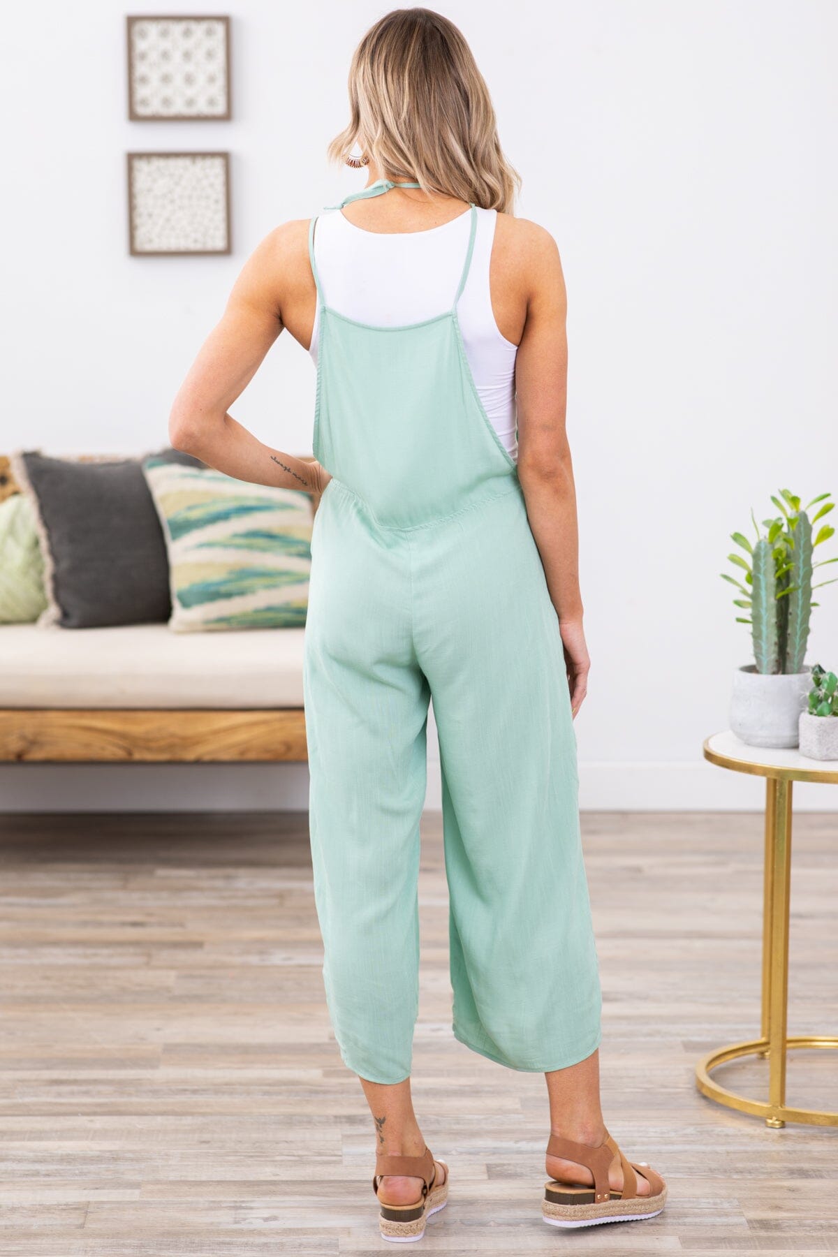 Dusty Mint Wide Leg Tie Strap Overalls - Filly Flair