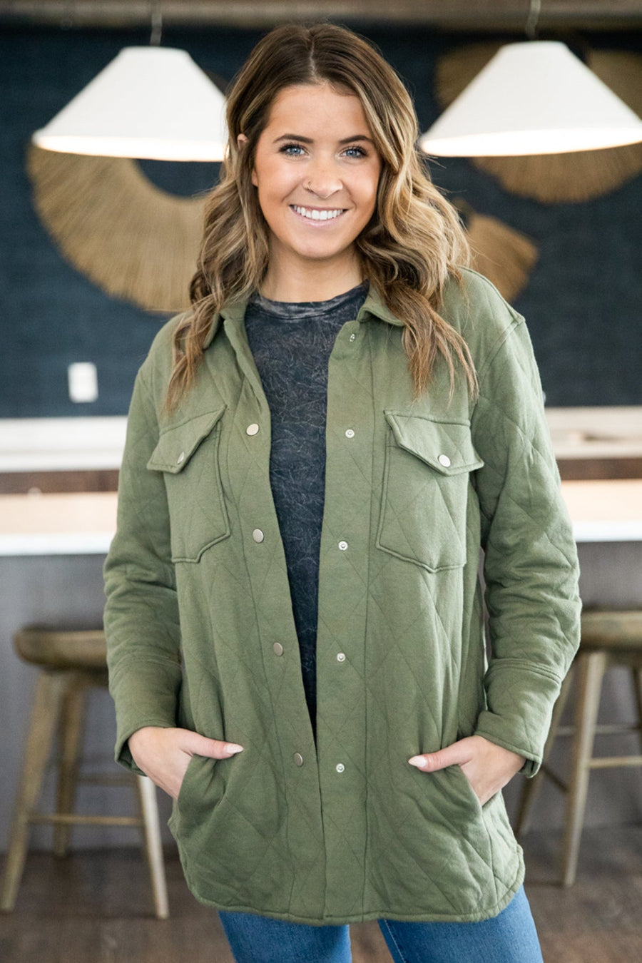 Olive Quilted Long Shacket - Filly Flair