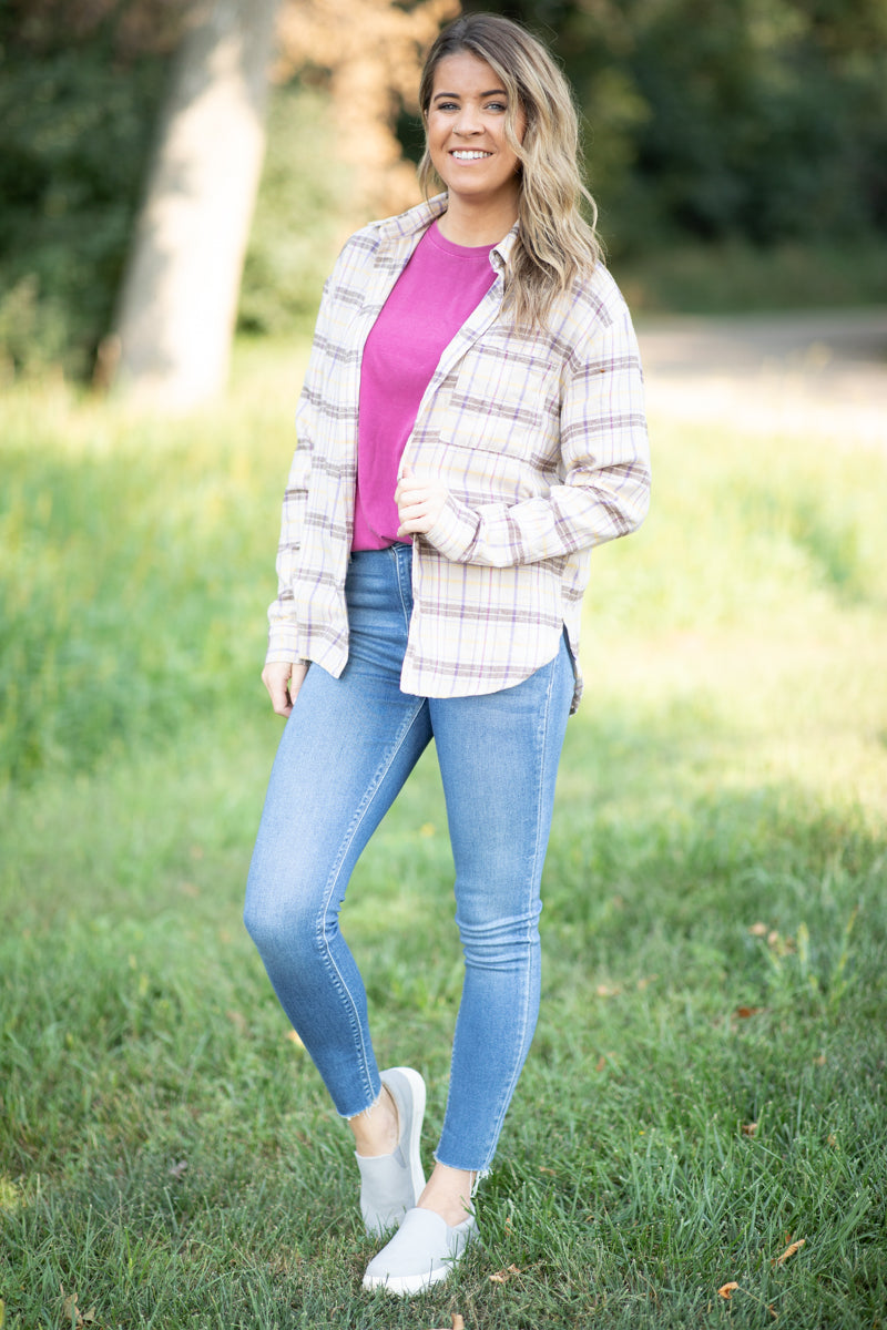 Tan and Taupe Plaid Button Up Top - Filly Flair