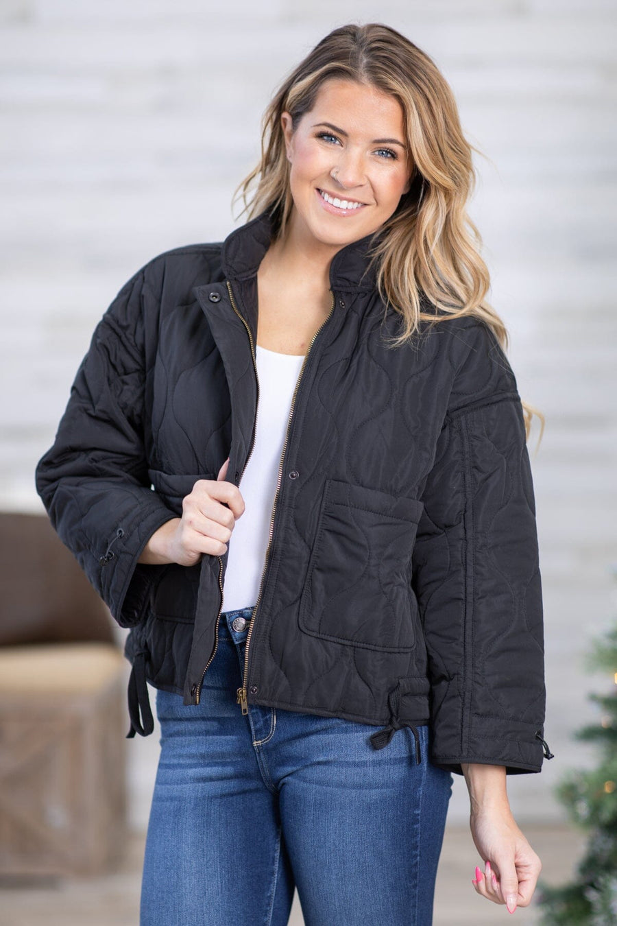 Black Quilted Jacket With Side Tie Detail - Filly Flair