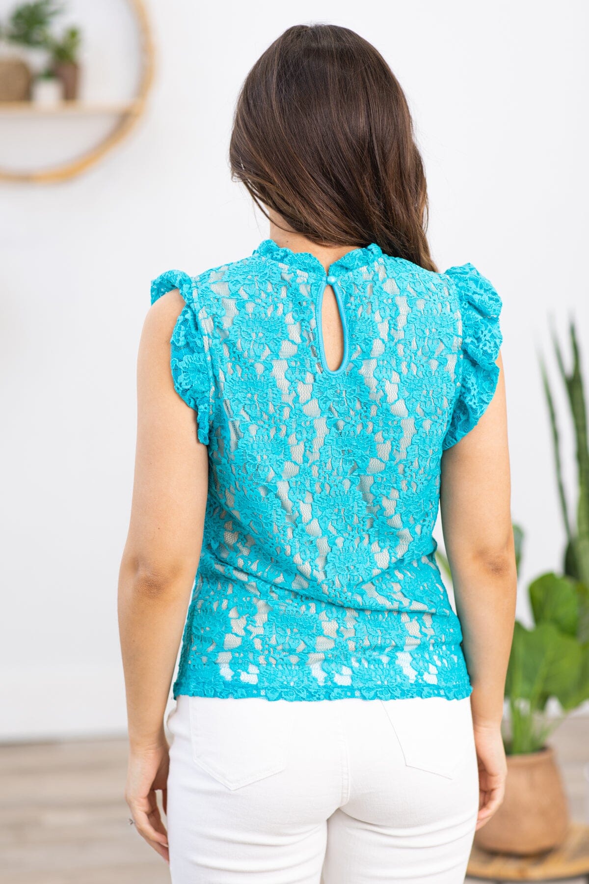 Turquoise Lace Ruffle Trim Lined Top