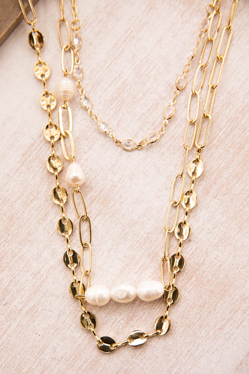 Gold and White Layered Chain Necklace - Filly Flair