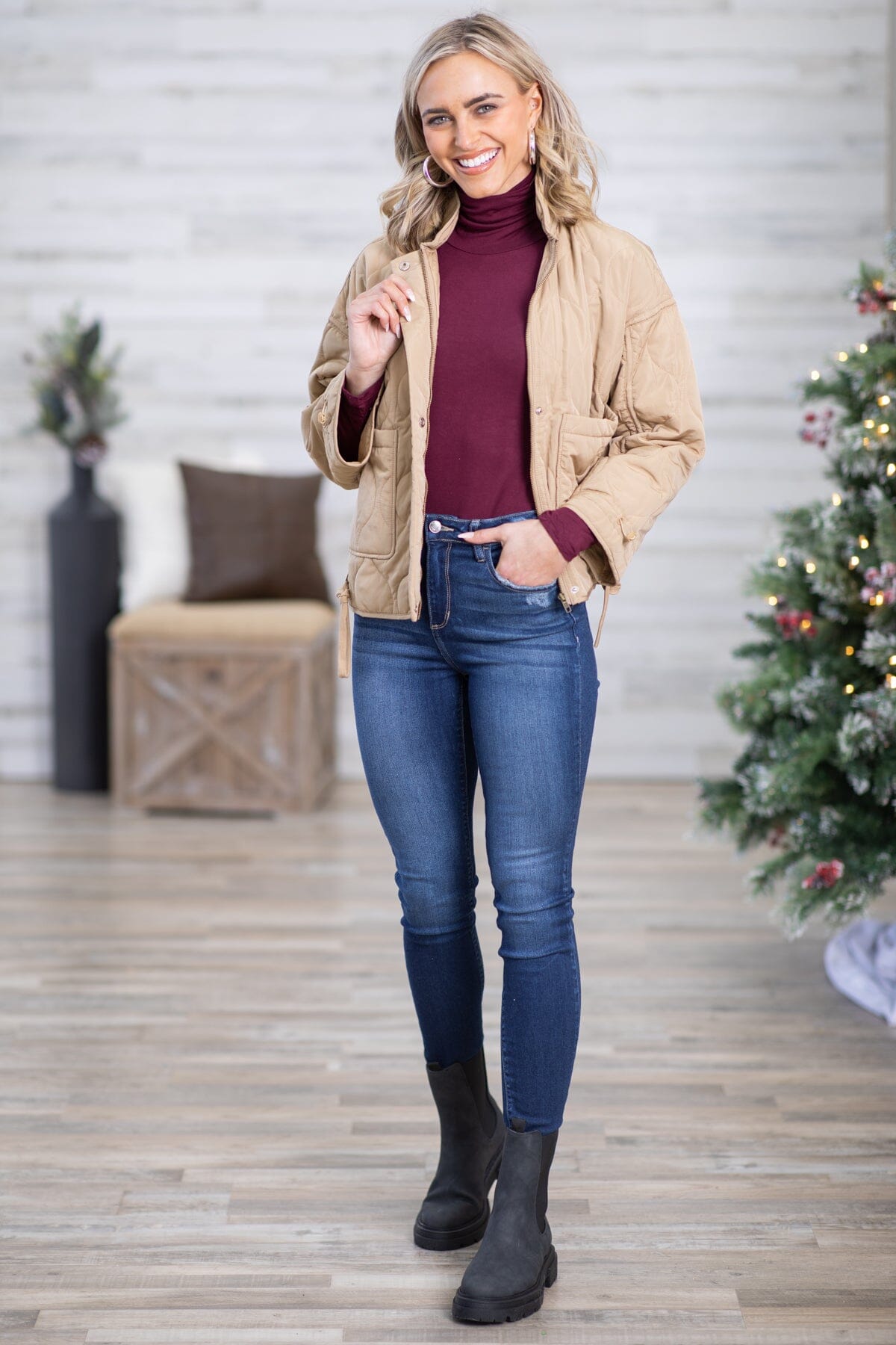 Tan Quilted Jacket With Side Tie Detail - Filly Flair