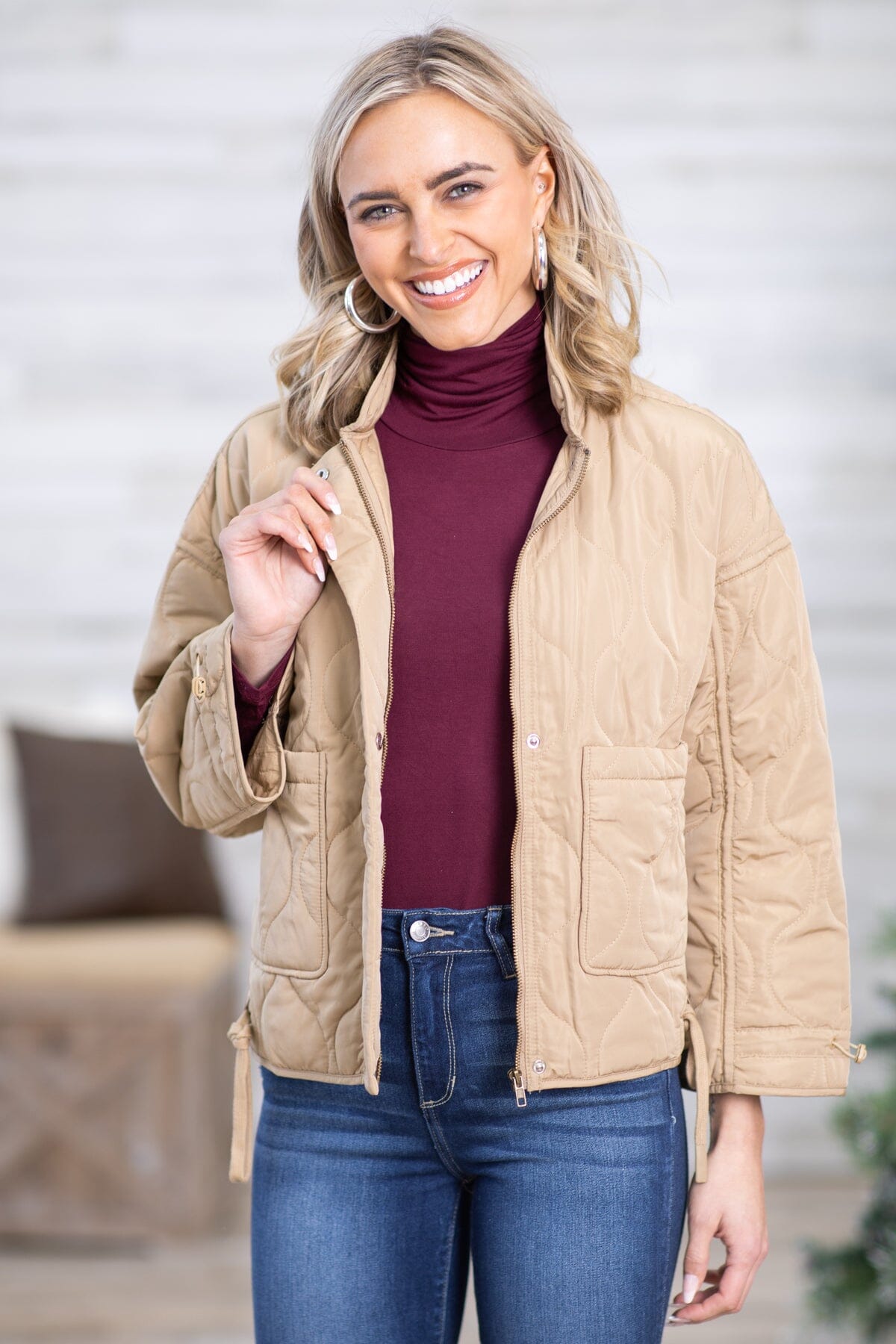 Tan Quilted Jacket With Side Tie Detail - Filly Flair