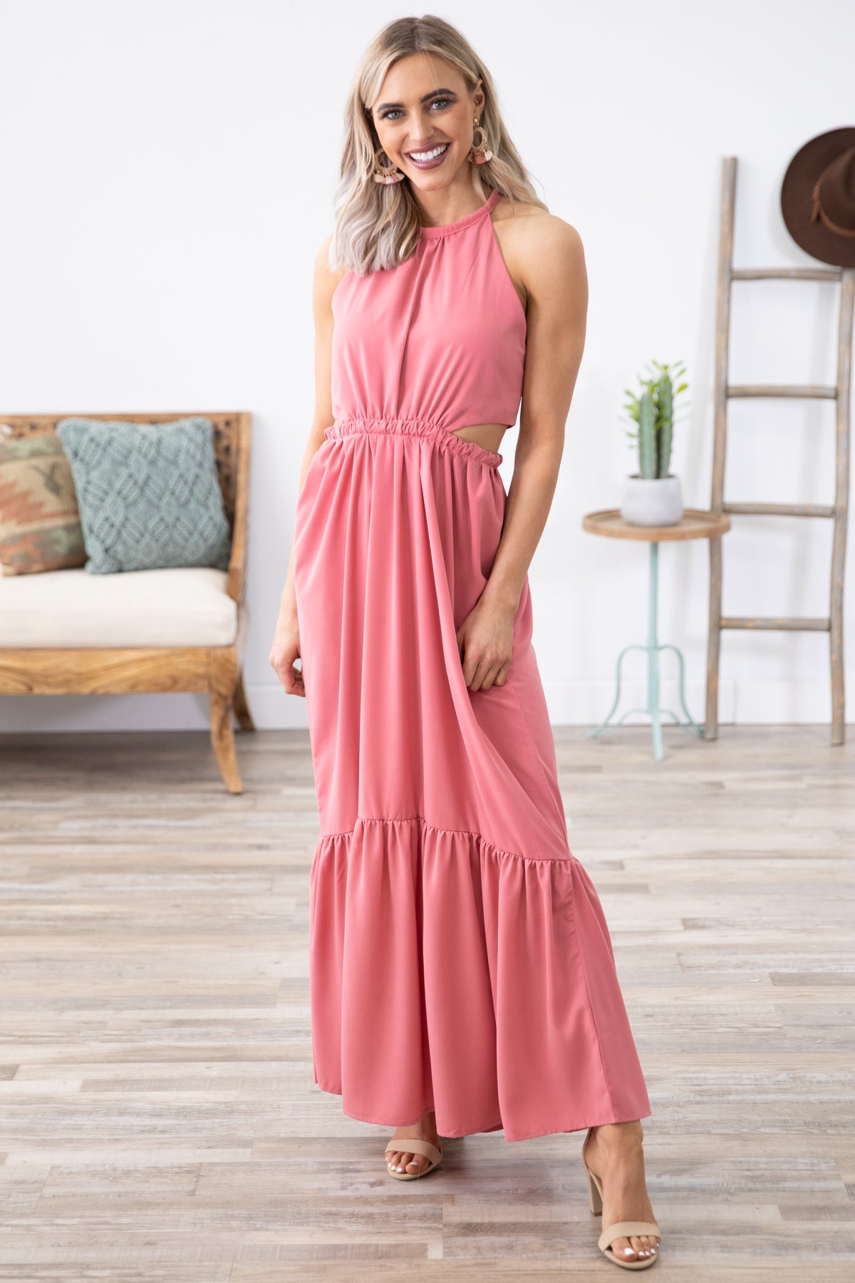Coral Maxi Dress with Side Cutouts  Filly Flair